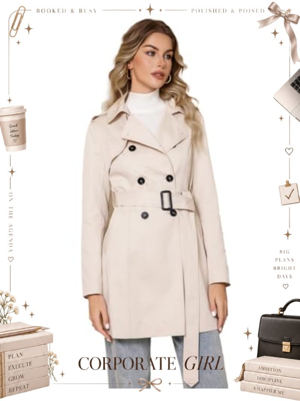 Double Breasted Trench Coat Midi Slim Fit Belted Windproof Outerwear